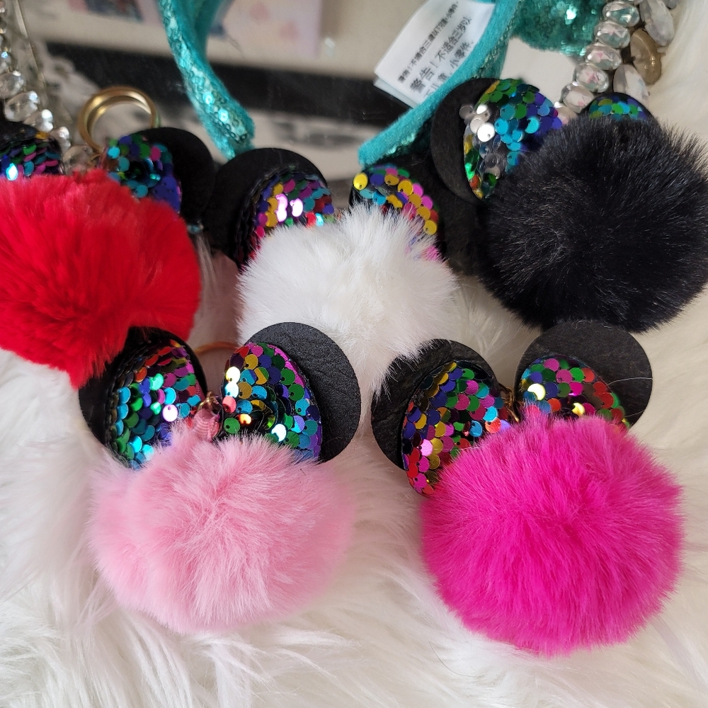 Disney Parks Mickey Mouse Pom Pom Keuchain Accessories with Sparkly Ears